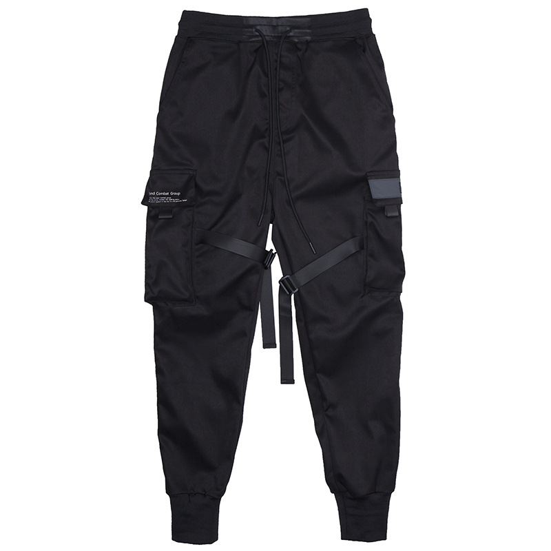 Hot Sale Men Black Hip Hop Cargo Pants Elastic Waist Jogger Trousers Sweatpants Pockets Full Length Casual Fashion