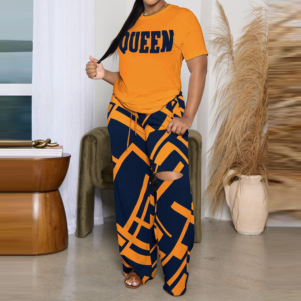 Women's Printed Short Sleeve Wide Leg Pants Suit