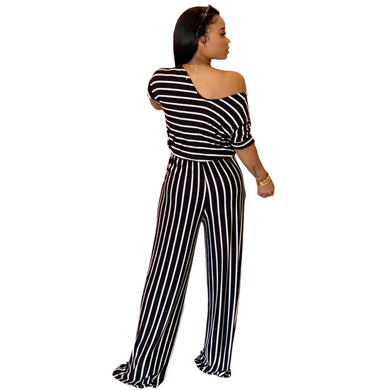 European And American Sexy Women's Loose Print Striped Jumpsuit