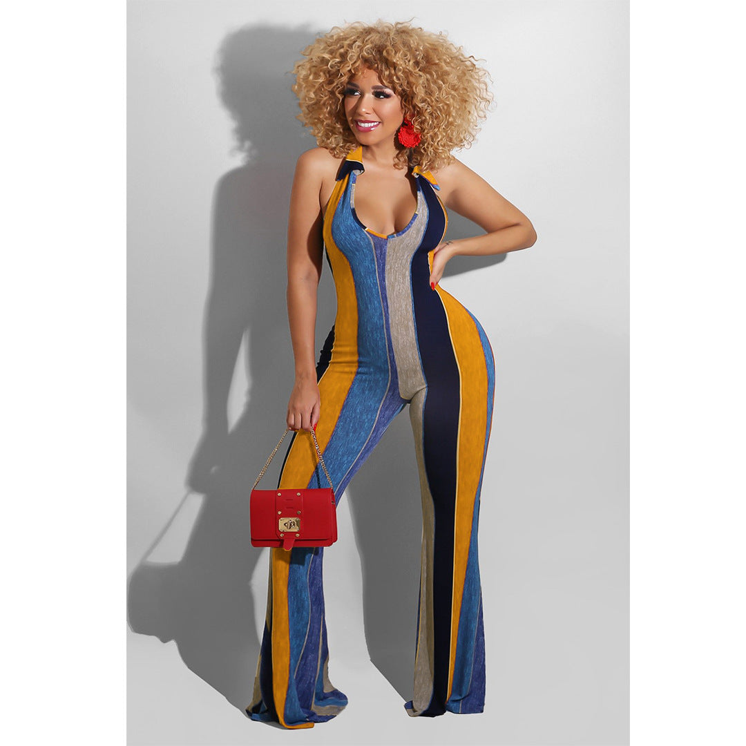 Stand-Alone Slim-Fit Printed Jumpsuit Flared Pants