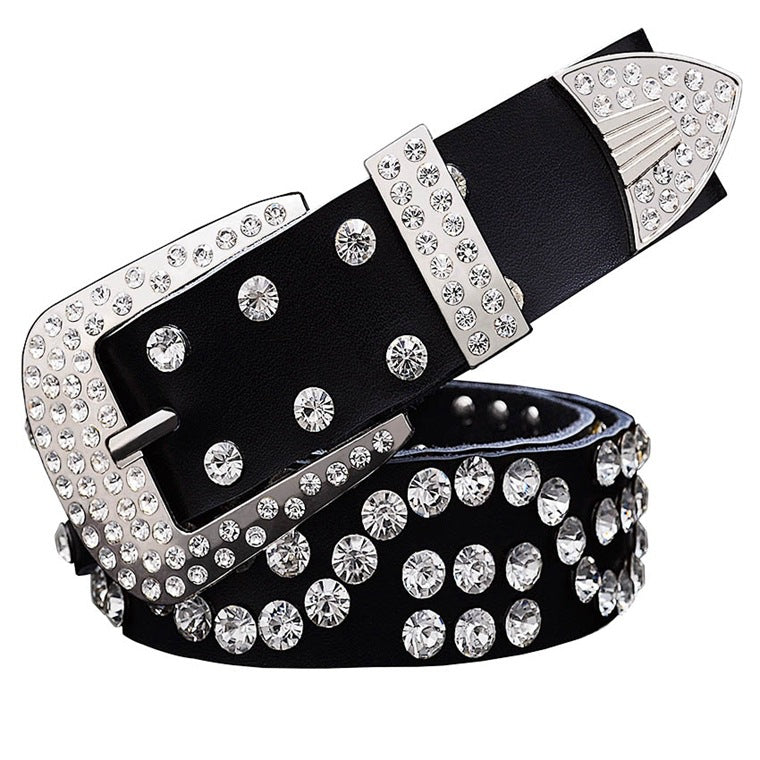 Leather Cowhide Ladies Belt With Diamond-studded  Pin Buckle