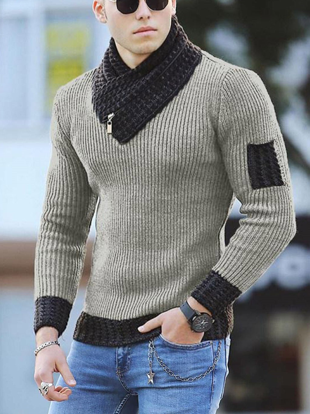 Casual Men's sweater Slim Knit Pullover Long-sleeved Scarf Collar