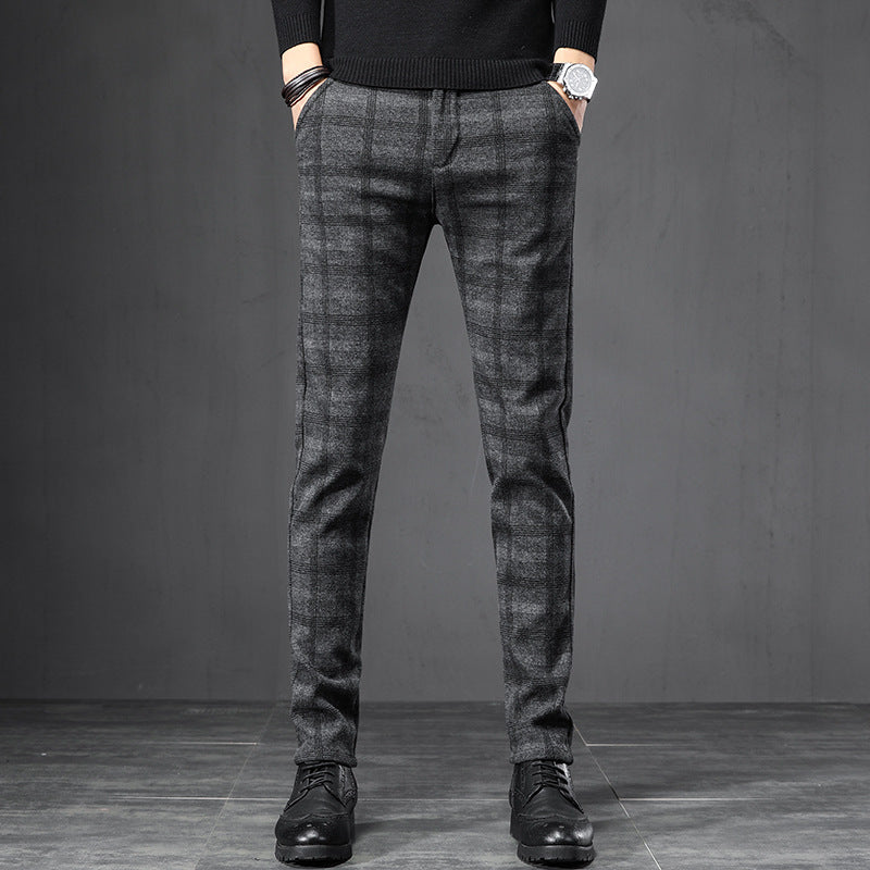 Men Casual Pants Trousers Autumn Plaid Slim Straight