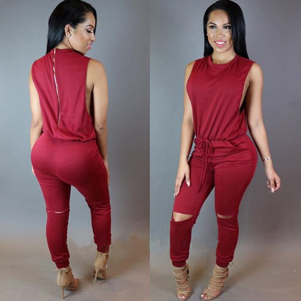 Women's Zippered Drawstring One-piece Pant Jumpsuit