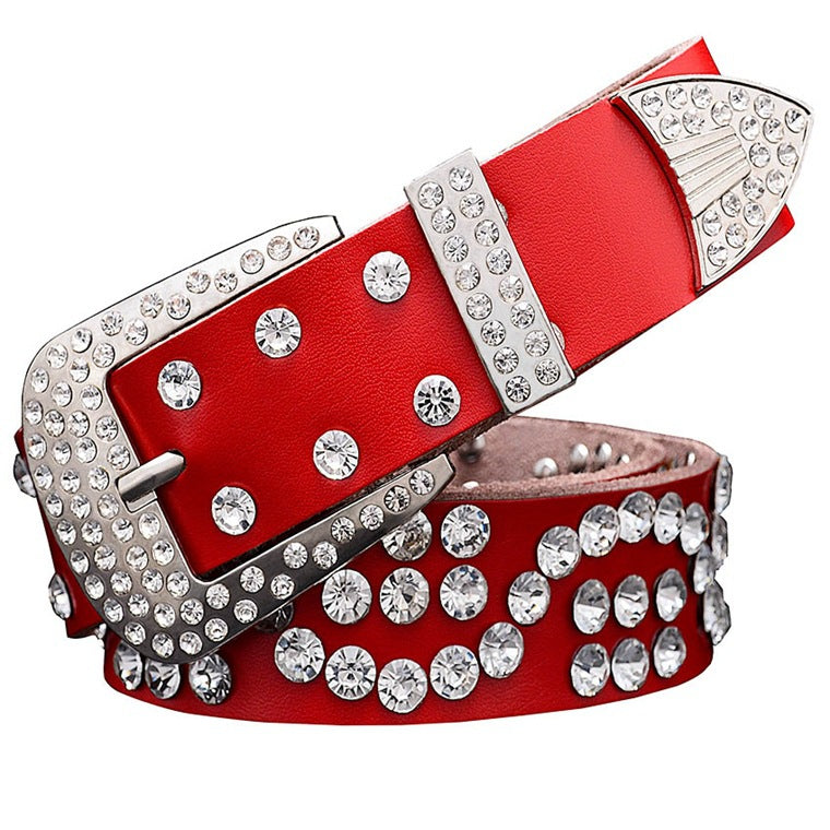 Leather Cowhide Ladies Belt With Diamond-studded  Pin Buckle