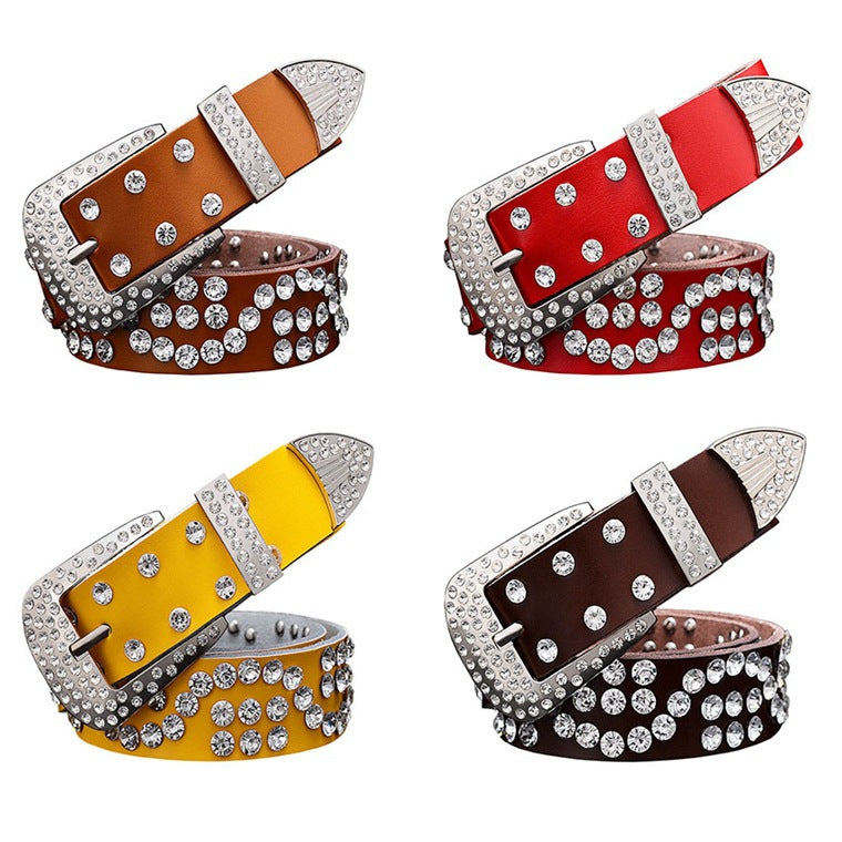 Leather Cowhide Ladies Belt With Diamond-studded  Pin Buckle