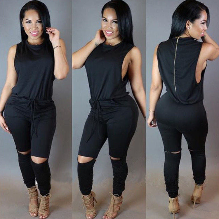 Women's Zippered Drawstring One-piece Pant Jumpsuit