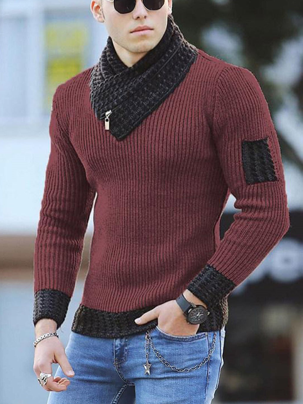 Casual Men's sweater Slim Knit Pullover Long-sleeved Scarf Collar