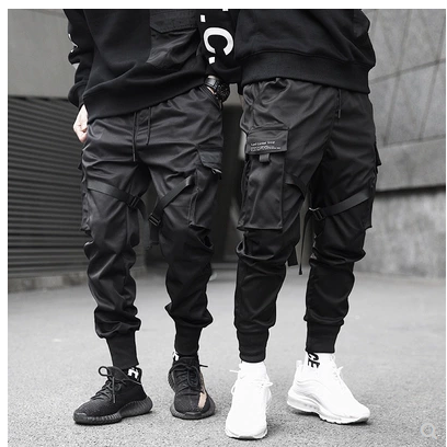 Hot Sale Men Black Hip Hop Cargo Pants Elastic Waist Jogger Trousers Sweatpants Pockets Full Length Casual Fashion