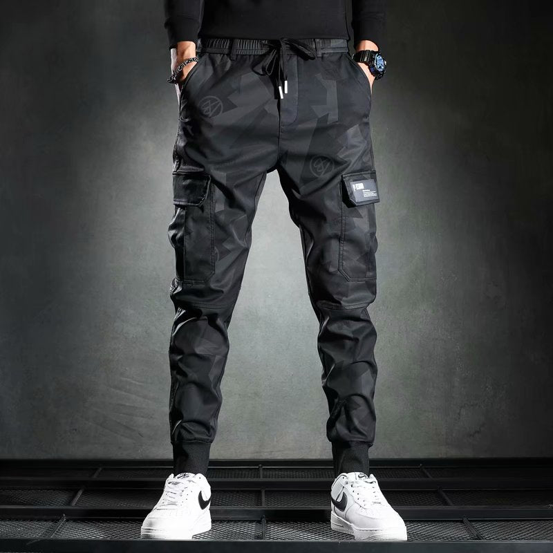 Black Camouflage Casual Slim-fit Elastic Waist Bungee Pants