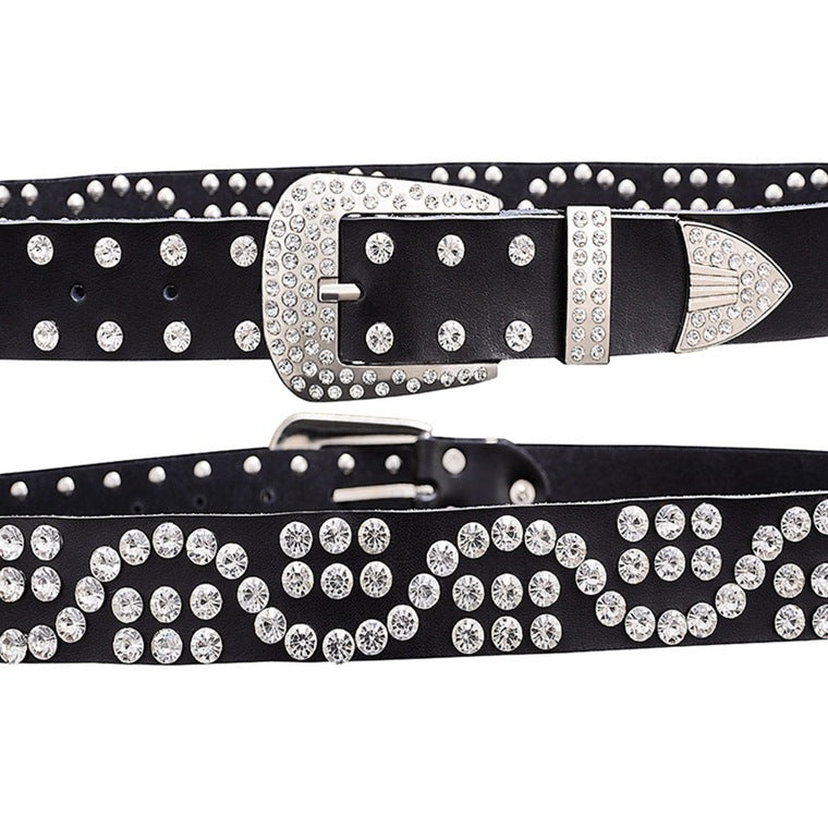 Leather Cowhide Ladies Belt With Diamond-studded  Pin Buckle