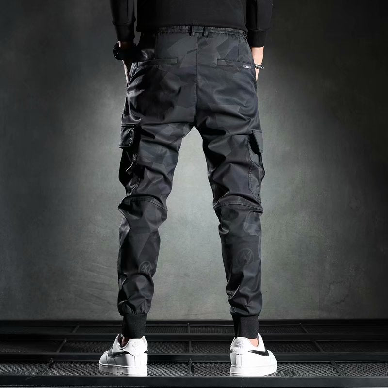 Black Camouflage Casual Slim-fit Elastic Waist Bungee Pants