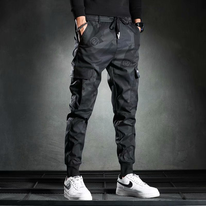 Black Camouflage Casual Slim-fit Elastic Waist Bungee Pants