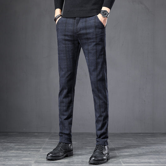 Men Casual Pants Trousers Autumn Plaid Slim Straight