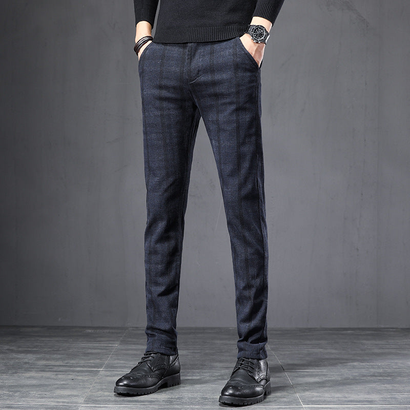 Men Casual Pants Trousers Autumn Plaid Slim Straight