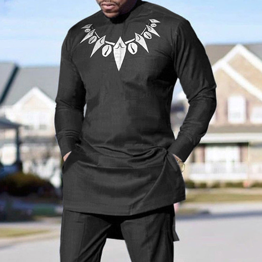 African Ethnic Style Slim-fit Sports Collarless Black Wakanda Shirt