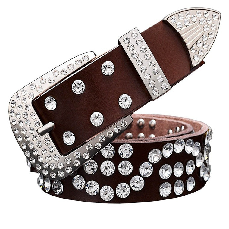 Leather Cowhide Ladies Belt With Diamond-studded  Pin Buckle