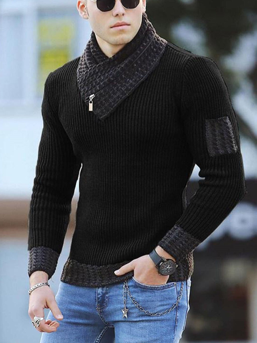 Casual Men's sweater Slim Knit Pullover Long-sleeved Scarf Collar