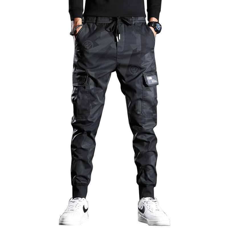 Black Camouflage Casual Slim-fit Elastic Waist Bungee Pants