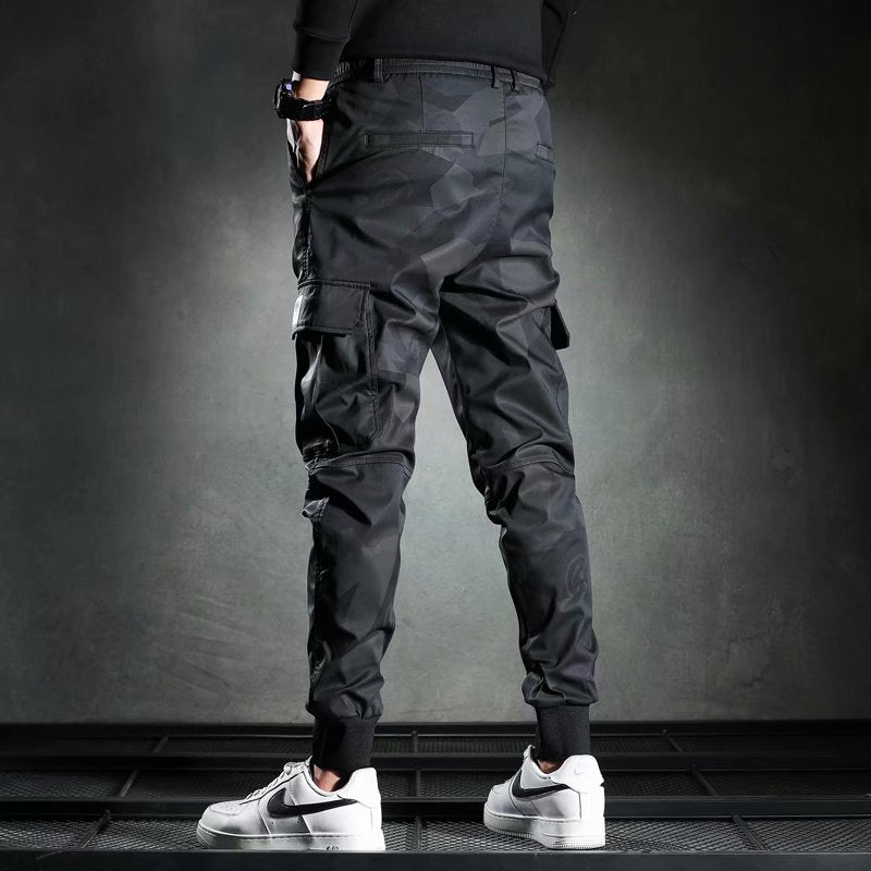 Black Camouflage Casual Slim-fit Elastic Waist Bungee Pants