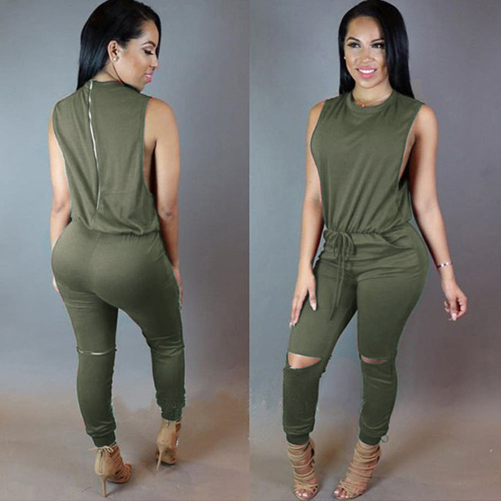 Women's Zippered Drawstring One-piece Pant Jumpsuit