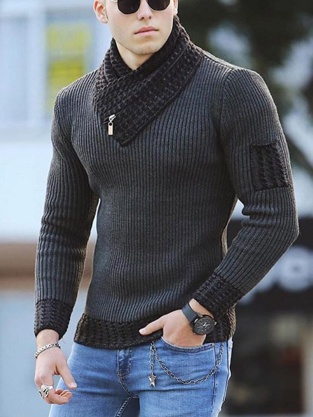 Casual Men's sweater Slim Knit Pullover Long-sleeved Scarf Collar