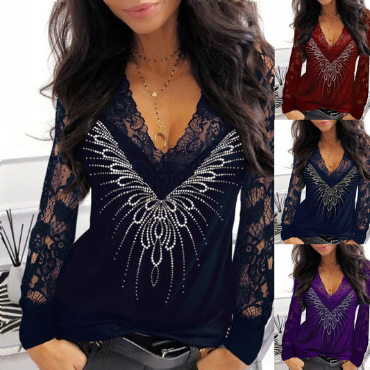 Women's Lace Printed V-neck Patchwork Long-sleeved T-shirt