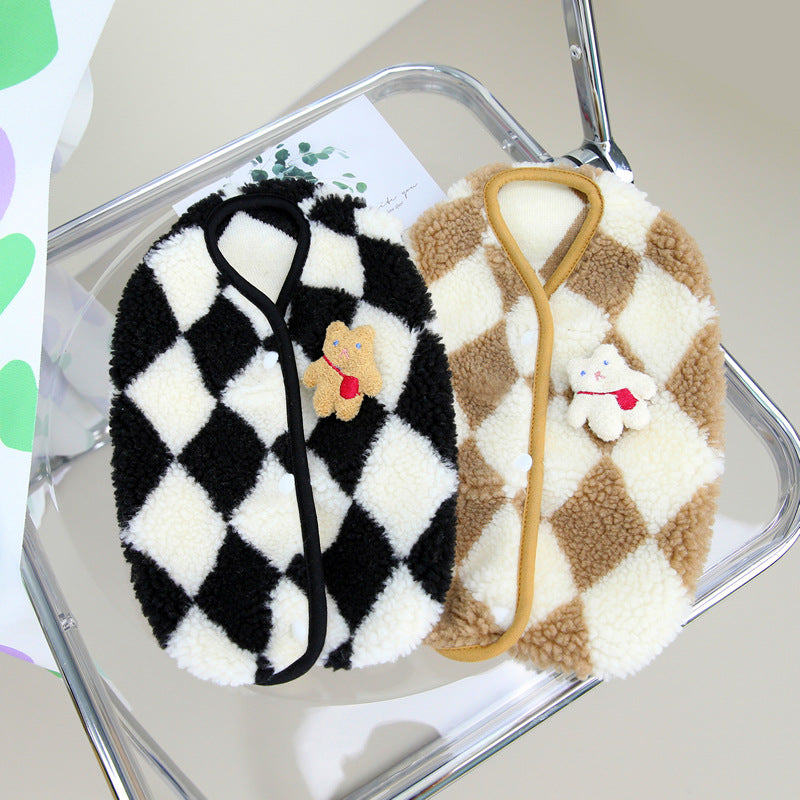 Pet Checkerboard Vest Cat Dog Plush Autumn Winter Jacket Kitten Puppy Warm Cotton Coat Diamond Velvet Pet Clothing Dogs Clothes