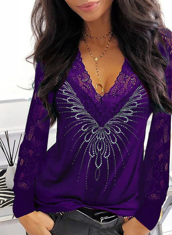 Women's Lace Printed V-neck Patchwork Long-sleeved T-shirt