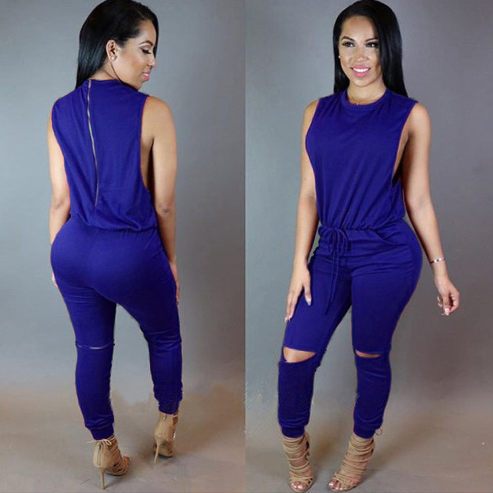 Women's Zippered Drawstring One-piece Pant Jumpsuit