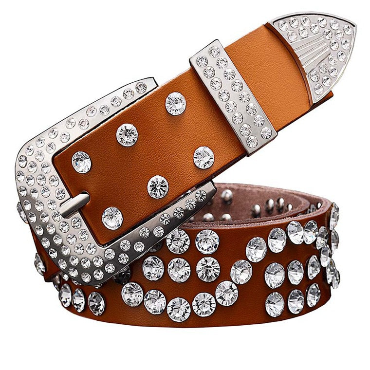 Leather Cowhide Ladies Belt With Diamond-studded  Pin Buckle