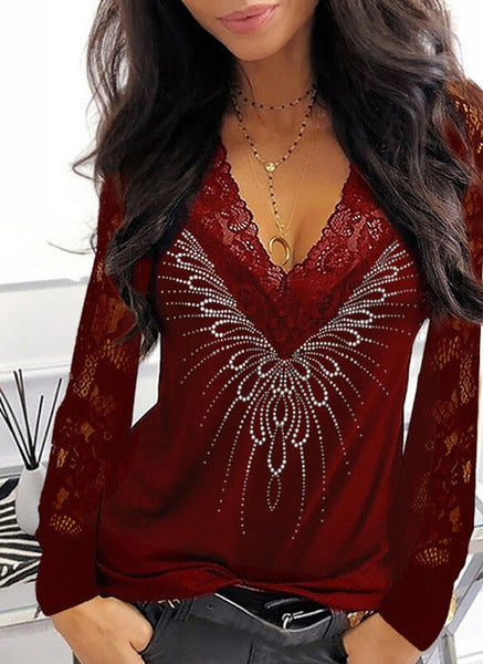 Women's Lace Printed V-neck Patchwork Long-sleeved T-shirt