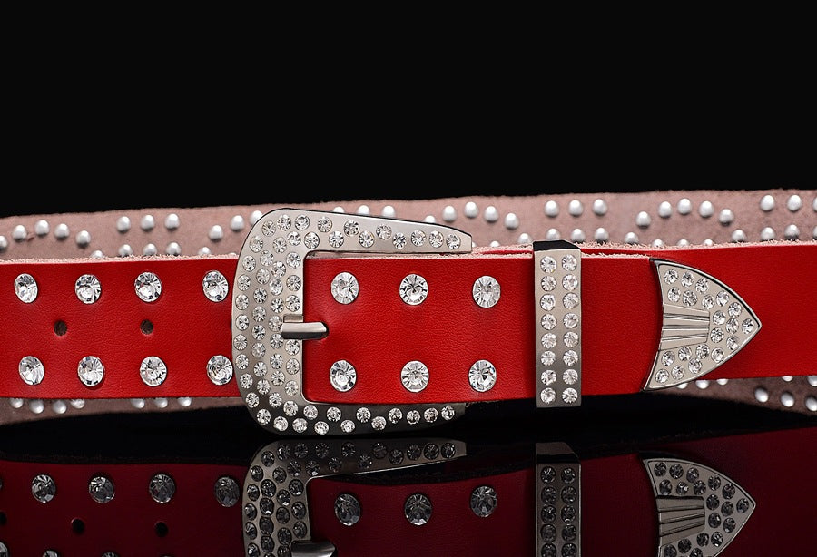 Leather Cowhide Ladies Belt With Diamond-studded  Pin Buckle